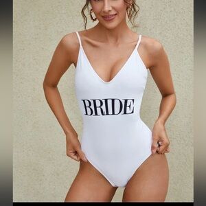BRIDE Letter Graphic Ruched One Piece Swimsuit